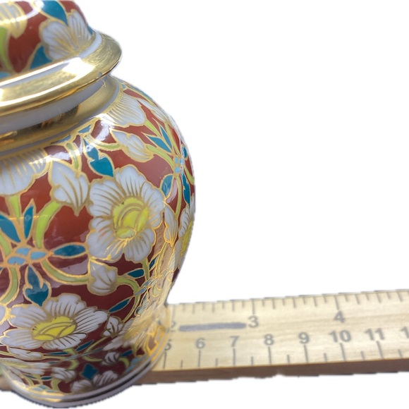Ginger Jar & Lid Vintage Cloisonné Style Red Gold Painted Floral Gilt Trinket - Picture 7 of 9